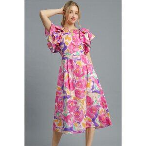 Umgee Floral Ruffled Cap Sleeve Midi Dress